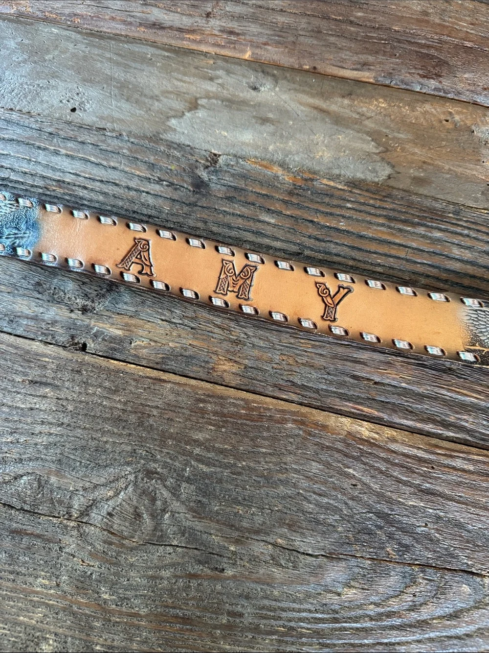 Western‎ leather tooled belt, double heart Silvertone buckle w/ name Amy 36”